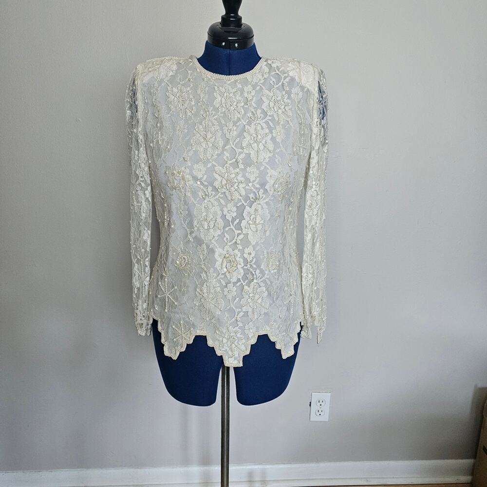 Laurence Kazar Vintage 80's Floral Lace Wedding Formal Event Blouse - Cream